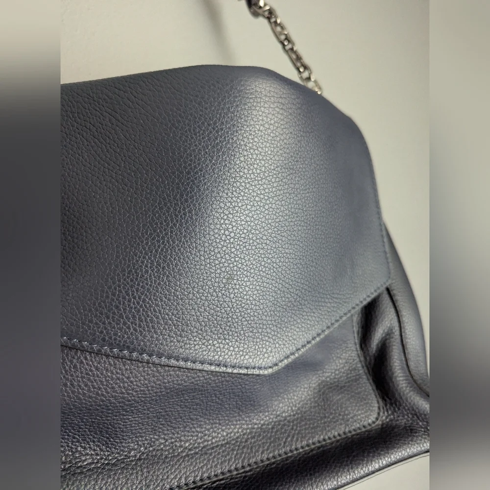 Botkier Blue Leather Shoulder Bag With Adjustable Metal Chain Link Strap.